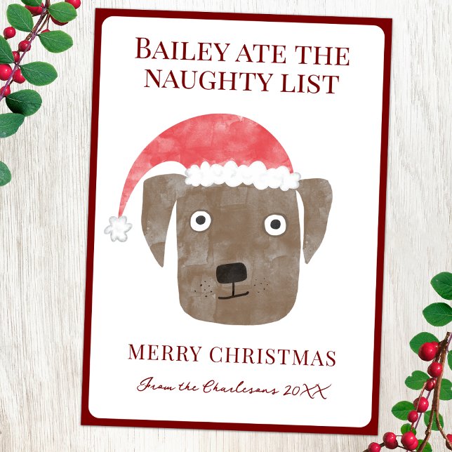 Rolig Hund åt den Busiga Listans Julkort (Fun dog ate the naughty list parsonalized Christmas holiday card)