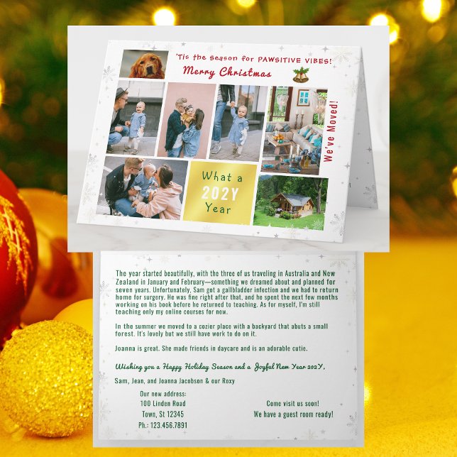 Rolig hund Cat Modern 7 Photos Collage Vi har flyt Helgkort (Funny dog Christmas card, pawsitive humor. 7 Photos. We've moved letter. Elegant, modern. Cute Snow)