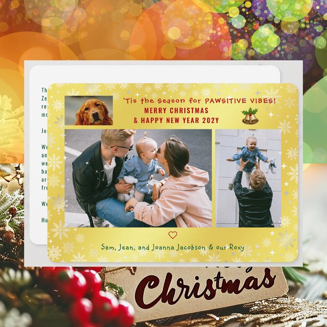 Rolig hund Cat Pawsitive 3 Foton Minimalist Golden Julkort (Cute Funny Pet Dog Pawsitive Vibes Merry Christmas Happy New Year 'Tis the Season 4 Photos Letter)