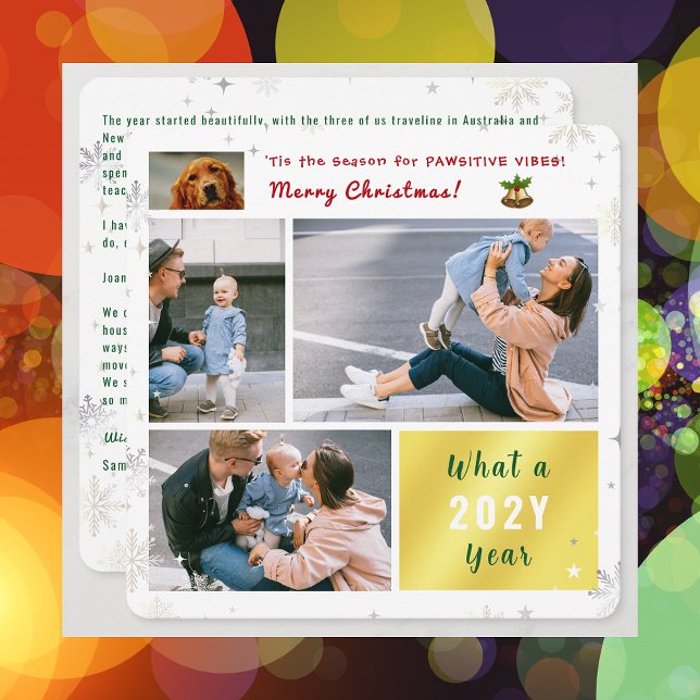 Rolig hund Cat Pawsitive 4 Foton Brev Modern Julkort (Elegant Funny Pawsitive Vibes Pet Dog Christmas Card 4 Photos What a Year Snowflakes Stars Letter)
