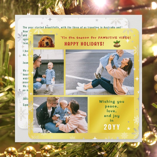 Rolig hund Cat Peace Kärlek Joy 4 Foton Cute Golde Julkort (Elegant Golden Cute Funny Pawsitive Vibes Pet Dog Happy Holidays 4 Photos Peace Love Joy Snowflakes)