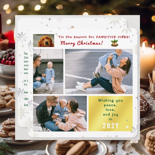 Rolig hund Cat Peace Kärlek Joy 4 Photos Collage C Julkort (Cute Elegant Funny Pet Dog 'Tis the Season Pawsitive Vibes Merry Xmas 4 Photos Snowflakes Letter)