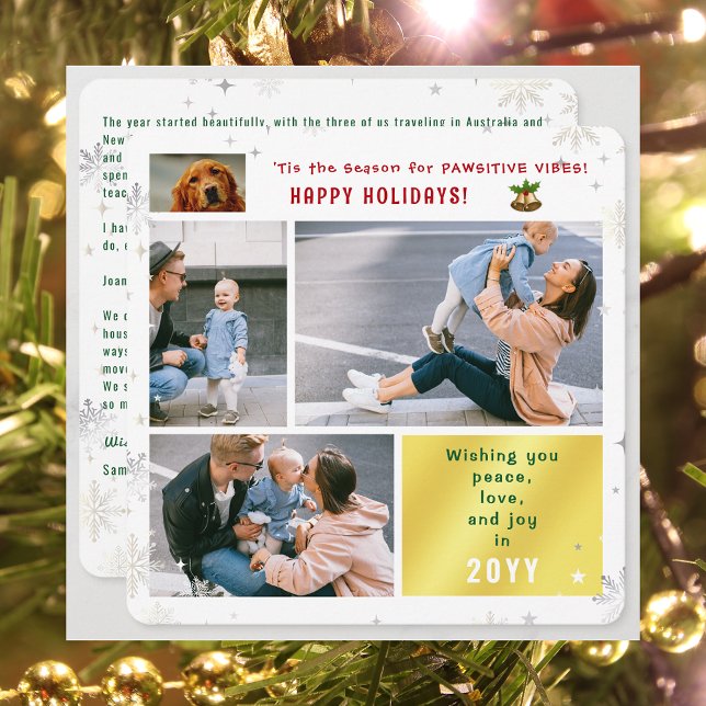 Rolig hund Cat Peace Kärlek Joy 4 Photos Cute Mode Julkort (Elegant Cute Funny Pawsitive Vibes Pet Dog Happy Holidays 4 Photos Peace Love Joy Snowflakes Letter)