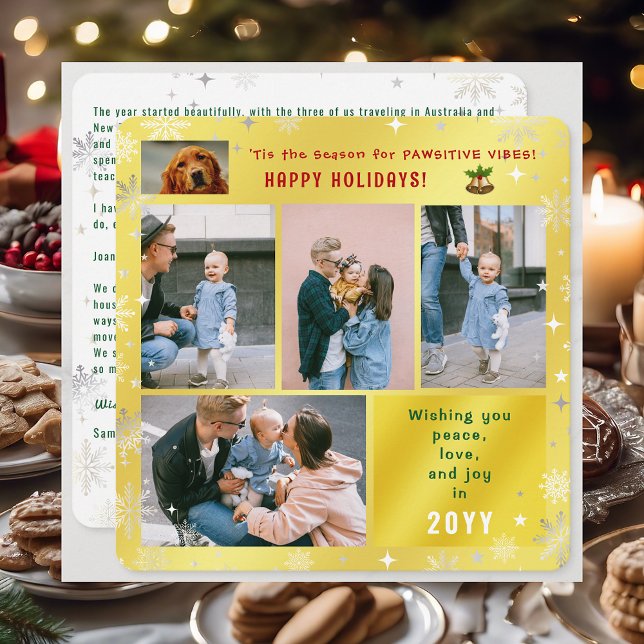 Rolig hund Cat Peace Kärlek Joy 5 Foton Cute Golde Julkort (Elegant Golden Cute Funny Pawsitive Vibes Pet Dog Happy Holidays 5 Photos Peace Love Joy Snowflakes)