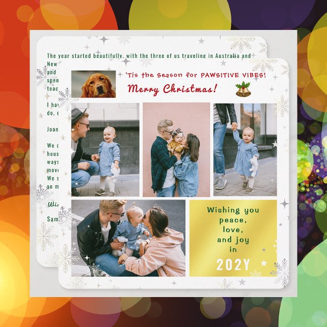 Rolig hund Cat Peace Kärlek Joy 5 Photos Cute Eleg Julkort (Elegant Funny Pawsitive Vibes Pet Dog Christmas Card 5 Photos Peace Love Joy Snowflakes Stars Letter)