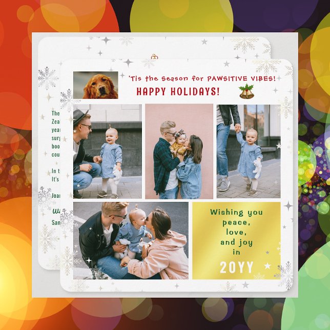 Rolig hund Cat Peace Kärlek Joy 5 Photos Cute Mode Julkort (Elegant Cute Funny Pawsitive Vibes Pet Dog Happy Holidays 5 Photos Peace Love Joy Snowflakes Letter)
