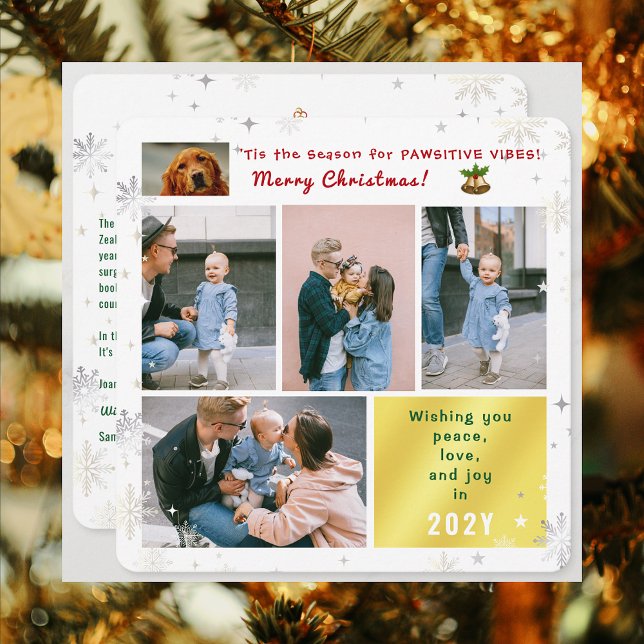 Rolig hund Cat Peace Kärlek Joy 5 Photos Cute Mode Julkort (Elegant Cute Funny Pawsitive Vibes Pet Dog Christmas Card 5 Photos Peace Love Joy Snowflakes Letter)