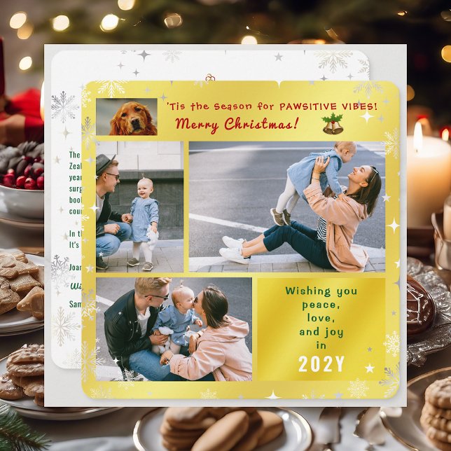 Rolig hund Cat Peace Kärlek Joy Elegant Golden Pho Julkort (Cute Elegant Funny Pet Dog 'Tis the Season Pawsitive Vibes Merry Xmas 4 Photos Snowflakes Golden)