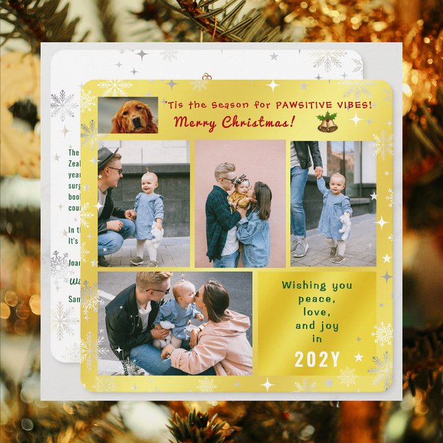 Rolig hund Cat Peace Kärlek Joy Photos Modern Gold Julkort (Elegant Golden Cute Funny Pawsitive Vibes Pet Dog Christmas Card 5 Photos Peace Love Joy Snowflakes)