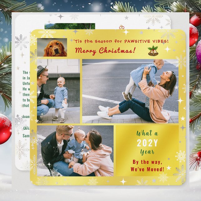 Rolig hund Cat Vi har flyttat New Home 5 Foton Gol Julkort (Funny dog Christmas card. Pawsitive humor. 5 Photos. We've moved letter. Elegant, golden. Snowflakes)