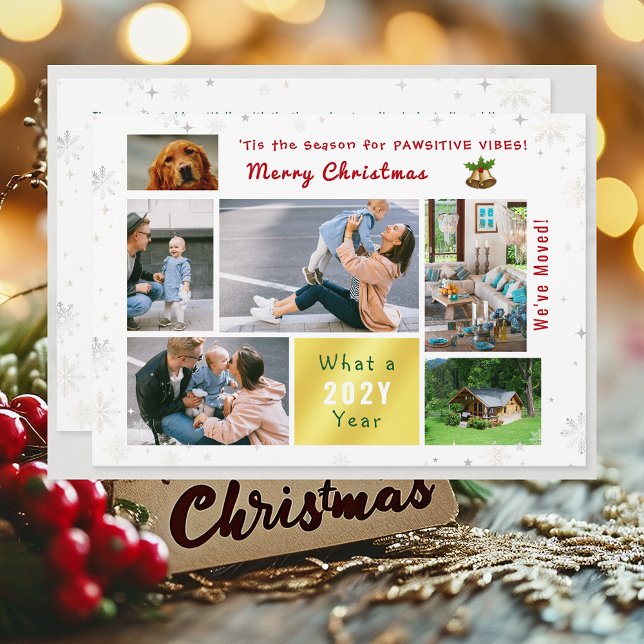 Rolig hund Cat Vi har flyttat New Home 6 Photos Cu Julkort (Funny Pet Dog Pawsitive Vibes New Home Christmas We've Moved 6 Photos Elegant Cute Modern Letter)