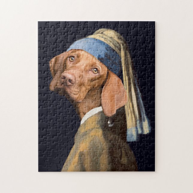 Rolig hund flicka med Pearl Earring Vermeer Parody Pussel (Vertikal)