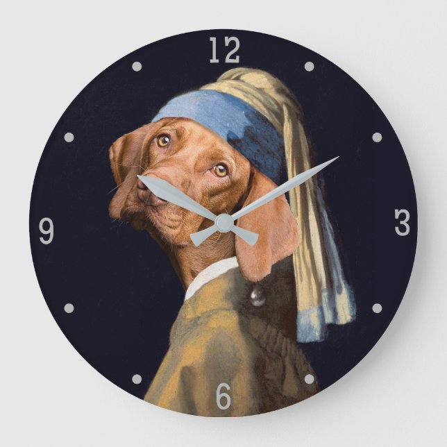 Rolig hund flicka med Pearl Earring Vermeer Parody Stor Klocka (Framsida)