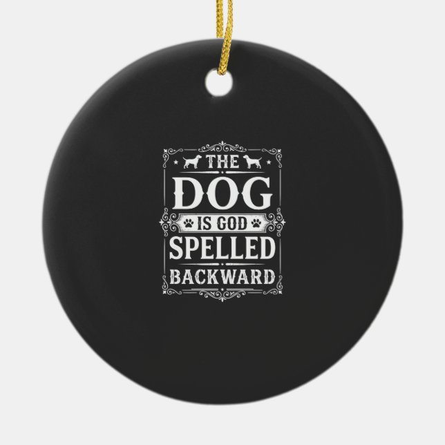 Rolig Hund Gud Stavade Baklänges Julgransprydnad Keramik (Framsidan)