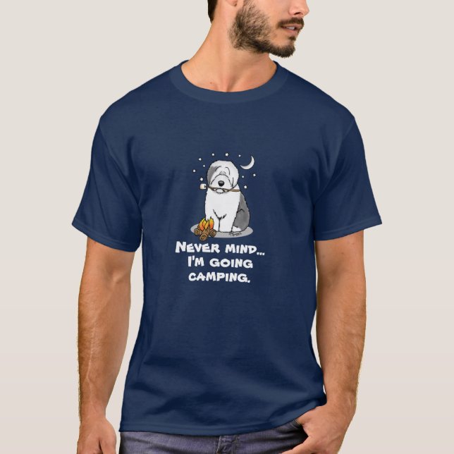 Rolig hund Hiker Camper Old English Sheepdog Grått T Shirt (Framsida)