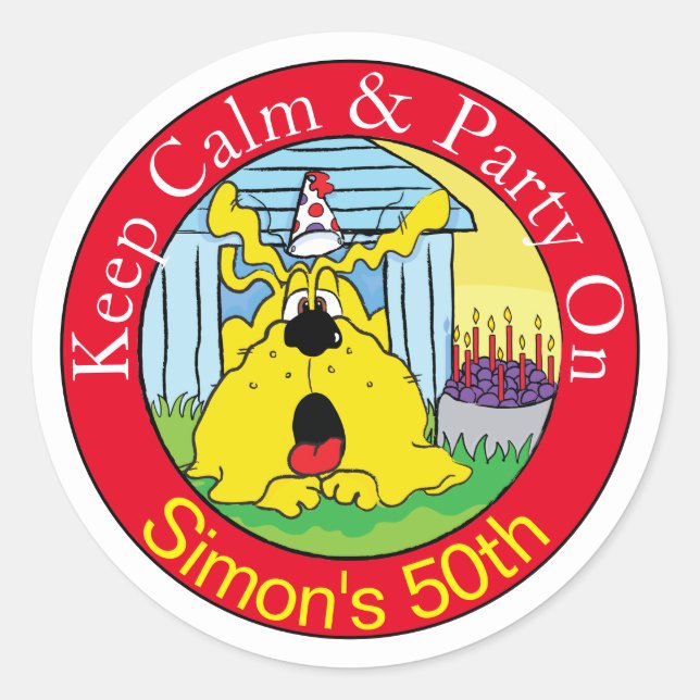 Rolig hund HUH! födelsedagsfest Runt Klistermärke (Framsida)