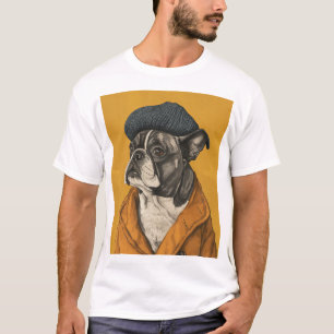 Rolig hund i Beret Naive Teckning T-Shirt