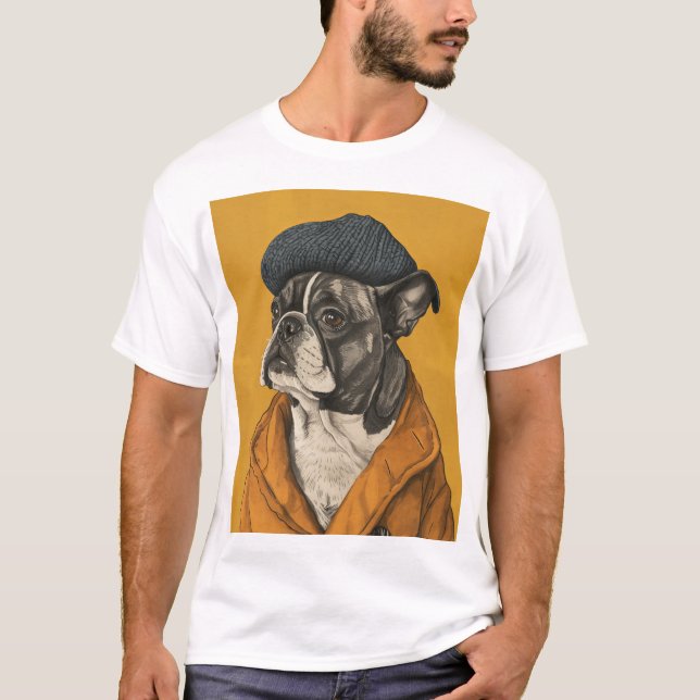 Rolig hund i Beret Naive Teckning T-Shirt (Framsida)