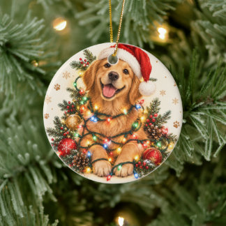Rolig hund inklädd i julgransbelysning ornamentsde julgransprydnad keramik
