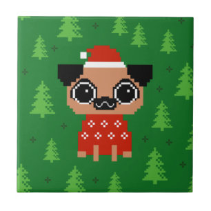 Rolig hund jultomten i Helgdag Cute Pug Kakelplatta