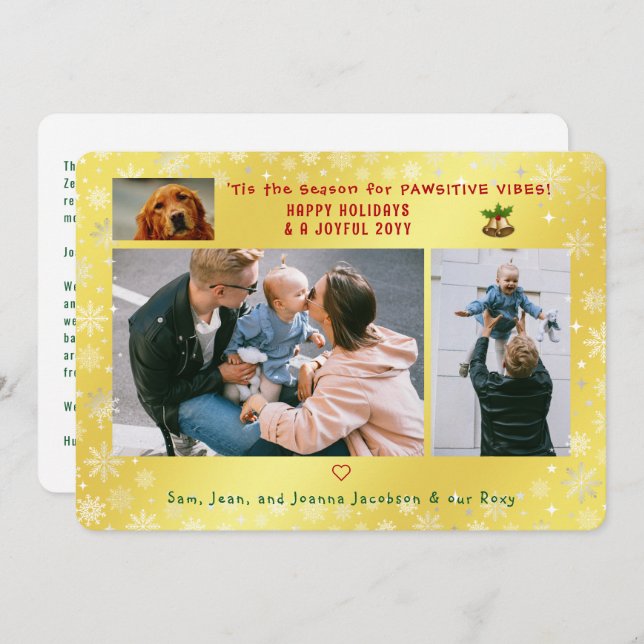 Rolig hund Kat 3 Foton med minimal Elegant Golden Julkort (Fram/baksida)