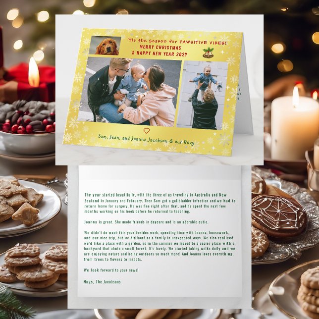 Rolig hund Kat 3 Foton med minimal Elegant Golden Kort (Cute Elegant Funny Pet Dog Pawsitive Vibes Merry Xmas Happy New Year 3 Photos Snowflakes Golden)