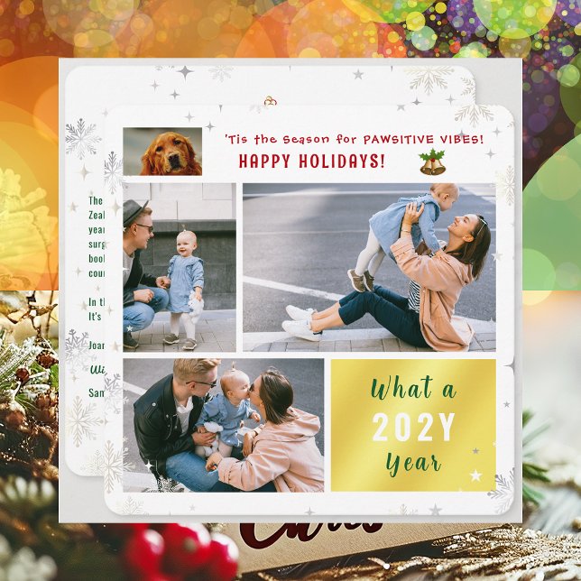 Rolig hund Kat 4 Foton Glad helg Pawsitive Julkort (Cute Funny Pet Dog Pawsitive Vibes Happy Holidays 'Tis the Season 4 Photos Golden What a Year Letter)