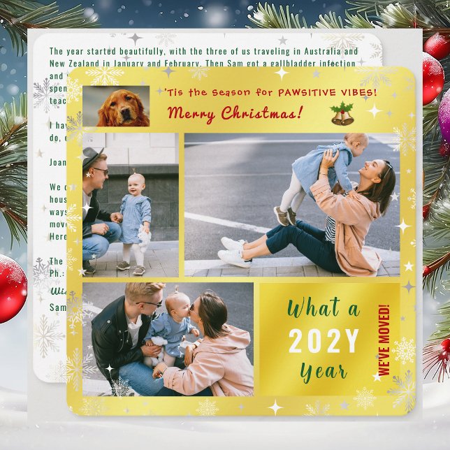 Rolig hund Kat 4 Foton Nya hemmet Vi har flyttat G Julkort (Funny dog Christmas card. Pawsitive humor. 4 Photos. We've moved letter. Elegant, golden. Snowflakes)