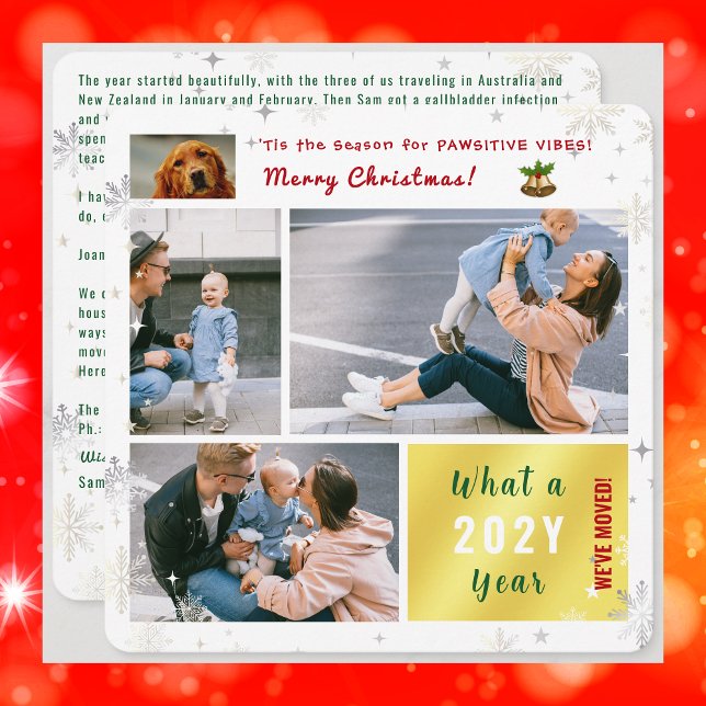 Rolig hund Kat 4 Foton nya Vi har flyttat i hemmet Julkort (Funny dog Christmas card. Pawsitive humor. 4 Photos. We've moved letter. Elegant, modern. Snowflakes)