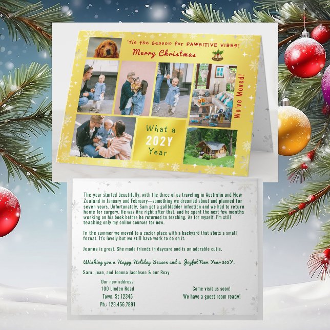 Rolig hund Kat 7 Photos Collage Vi har flyttat Gol Helgkort (Funny dog Christmas card, pawsitive humor. 7 Photos. We've moved letter. Elegant, golden. Cute Snow)