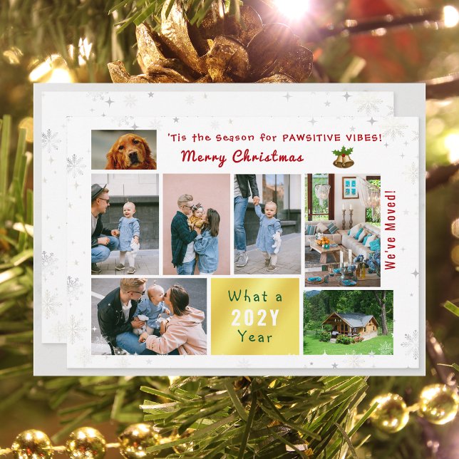 Rolig hund Kat 7 Photos Collage Vi har flyttat Mod Julkort (Funny Pet Dog Pawsitive Vibes Christmas We've Moved 7 Photos Elegant Cute Modern Letter What a Year)