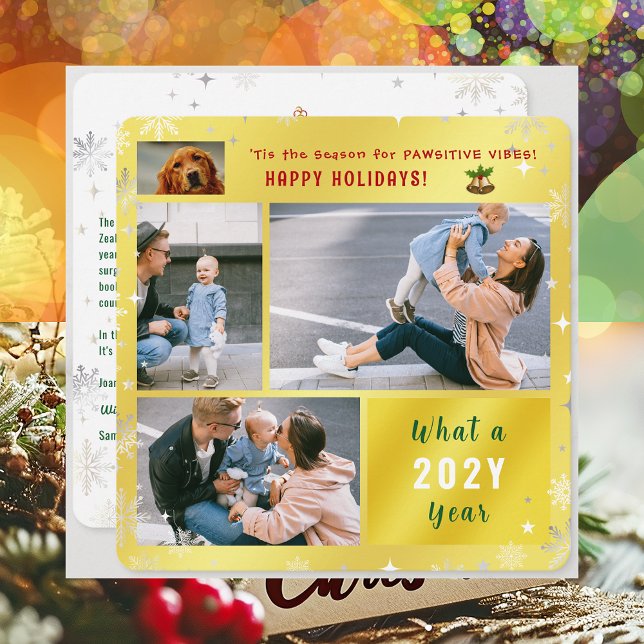 Rolig hund katt 4 foton Cute Glad helg Golden Julkort (Cute Funny Pet Dog Pawsitive Vibes Happy Holidays 'Tis the Season 4 Photos Golden What a Year Letter)