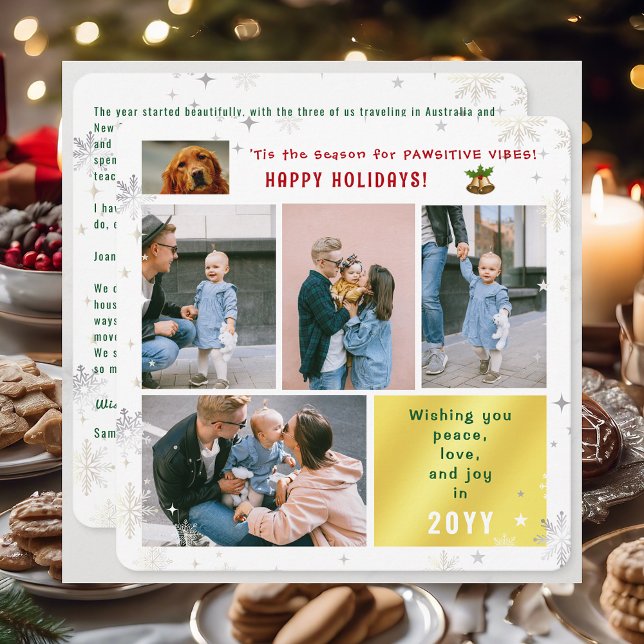 Rolig Hund Katt Fred Kärlek Glädje 5 Bilder Elegan Julkort (Elegant Cute Funny Pawsitive Vibes Pet Dog Happy Holidays 5 Photos Peace Love Joy Snowflakes Letter)