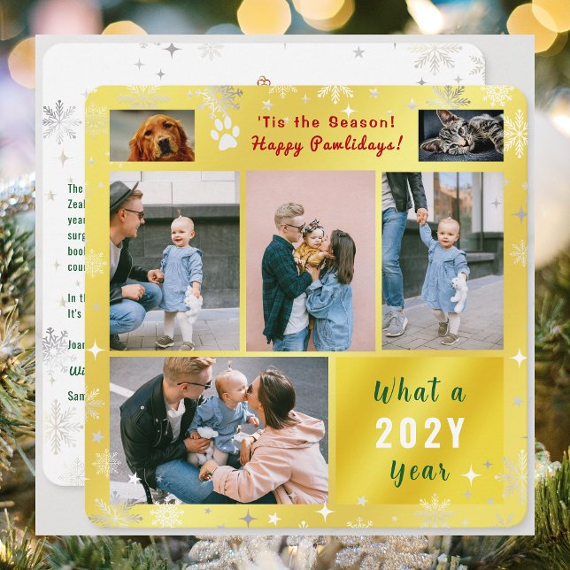 Rolig Hund Katt Glad Pawlidays Bilder Guld Julkort (Funny Cat Dog Photo Happy Pawlidays with 6 Photos Total. Elegant Cute Golden Background, Snowflakes)