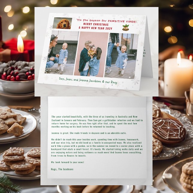 Rolig hund katt Pawsitive 3 foton Minimalist Moder Kort (Cute Elegant Funny Pet Dog Pawsitive Vibes Merry Xmas Happy New Year 4 Photos Snowflakes Letter)