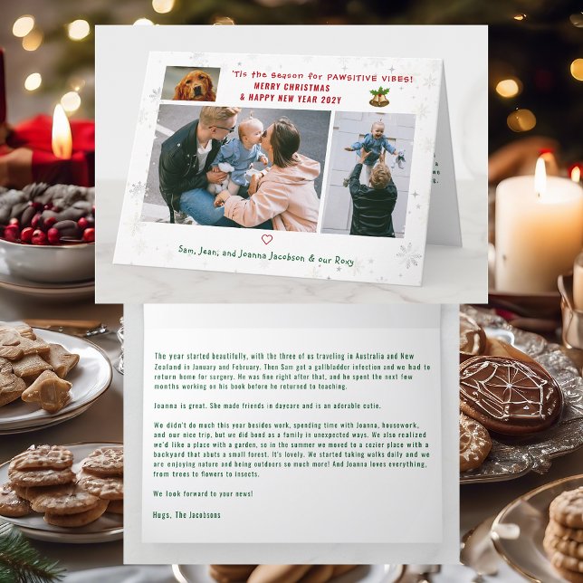 Rolig hund katt Pawsitive 3 foton Minimalist Moder Kort (Cute Elegant Funny Pet Dog Pawsitive Vibes Merry Xmas Happy New Year 3 Photos Snowflakes Letter)
