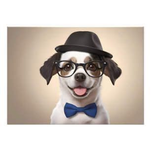 Rolig hund med glas och hatt fototryck
