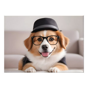 Rolig hund med glas och hatt fototryck