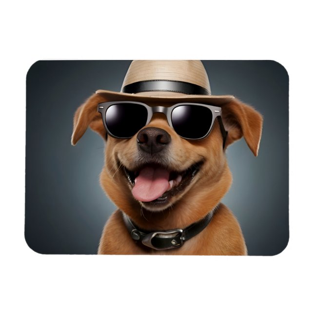 Rolig hund med glas och hatt magnet (Horisontell)