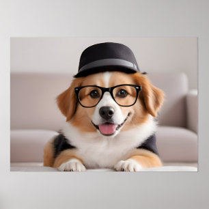Rolig hund med glas och hatt poster