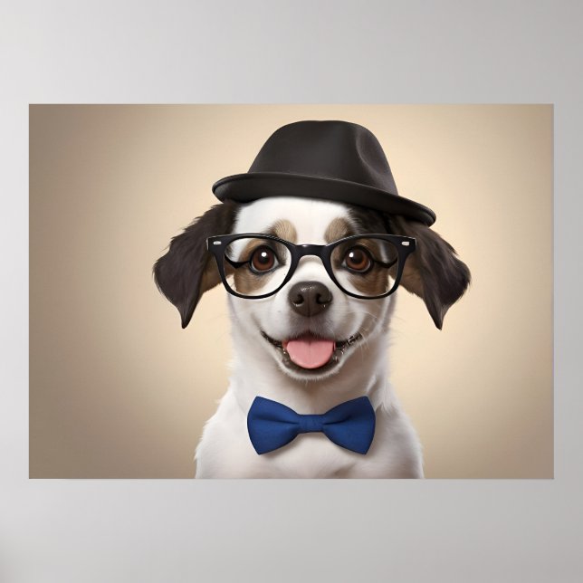 Rolig hund med glas och hatt poster (Framsidan)