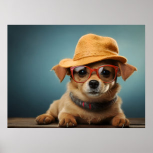 Rolig hund med glas och hatt poster