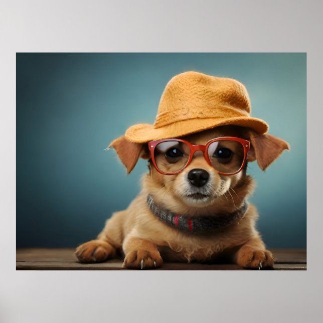 Rolig hund med glas och hatt poster (Framsidan)