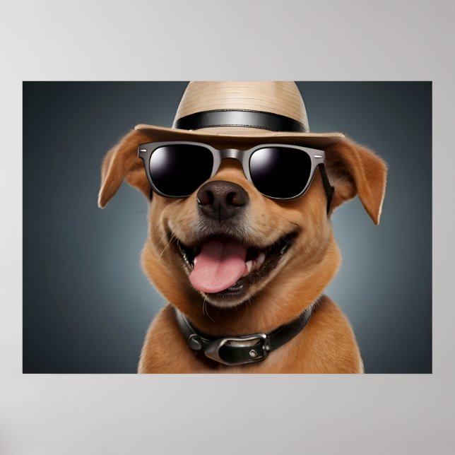 Rolig hund med glas och hatt poster (Framsidan)