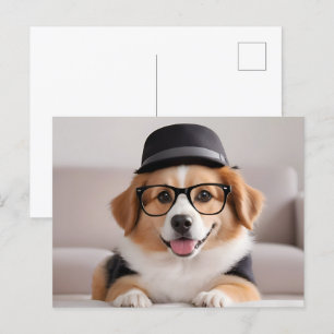 Rolig hund med glas och hatt vykort