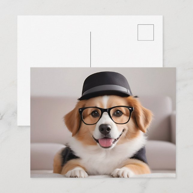 Rolig hund med glas och hatt vykort (Fram/baksida)