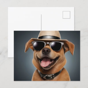 Rolig hund med glas och hatt vykort