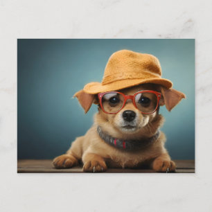 Rolig hund med glas och hatt vykort