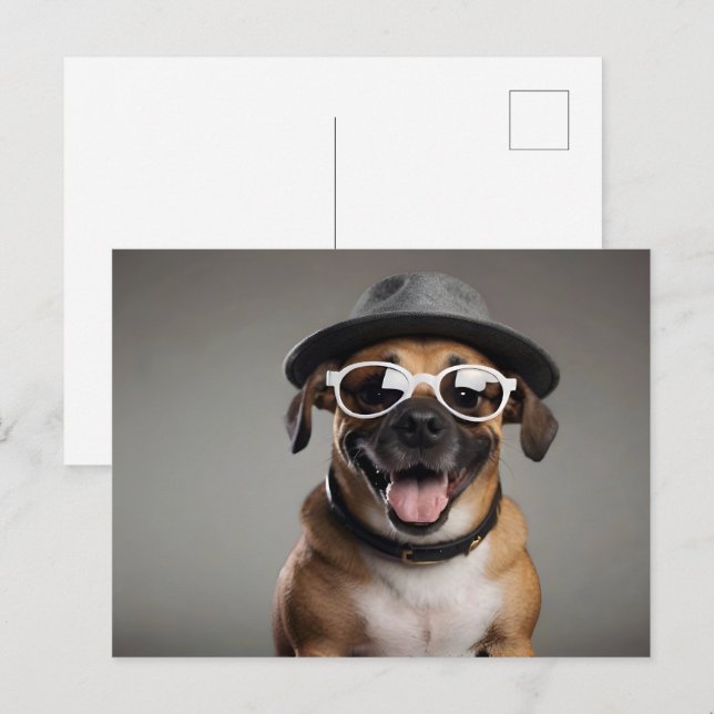 Rolig hund med glasögon och hatt vykort (Fram/baksida)