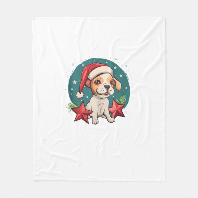 Rolig hund med julstjärnor för festsäsong fleecefilt (Framsidan)